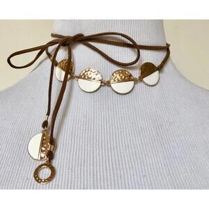 NWT Stella + Ruby White Enamel Disc Brown Sueded Wrap Choker Necklace 14" L